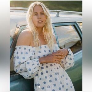 Billabong x Wrangler Bellflower Dress White Blue Polka Dot - Size Medium